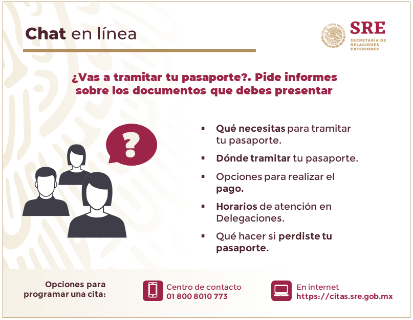 Chatea en linea con la SRE para pedir informes y tramitar tu pasaporte.